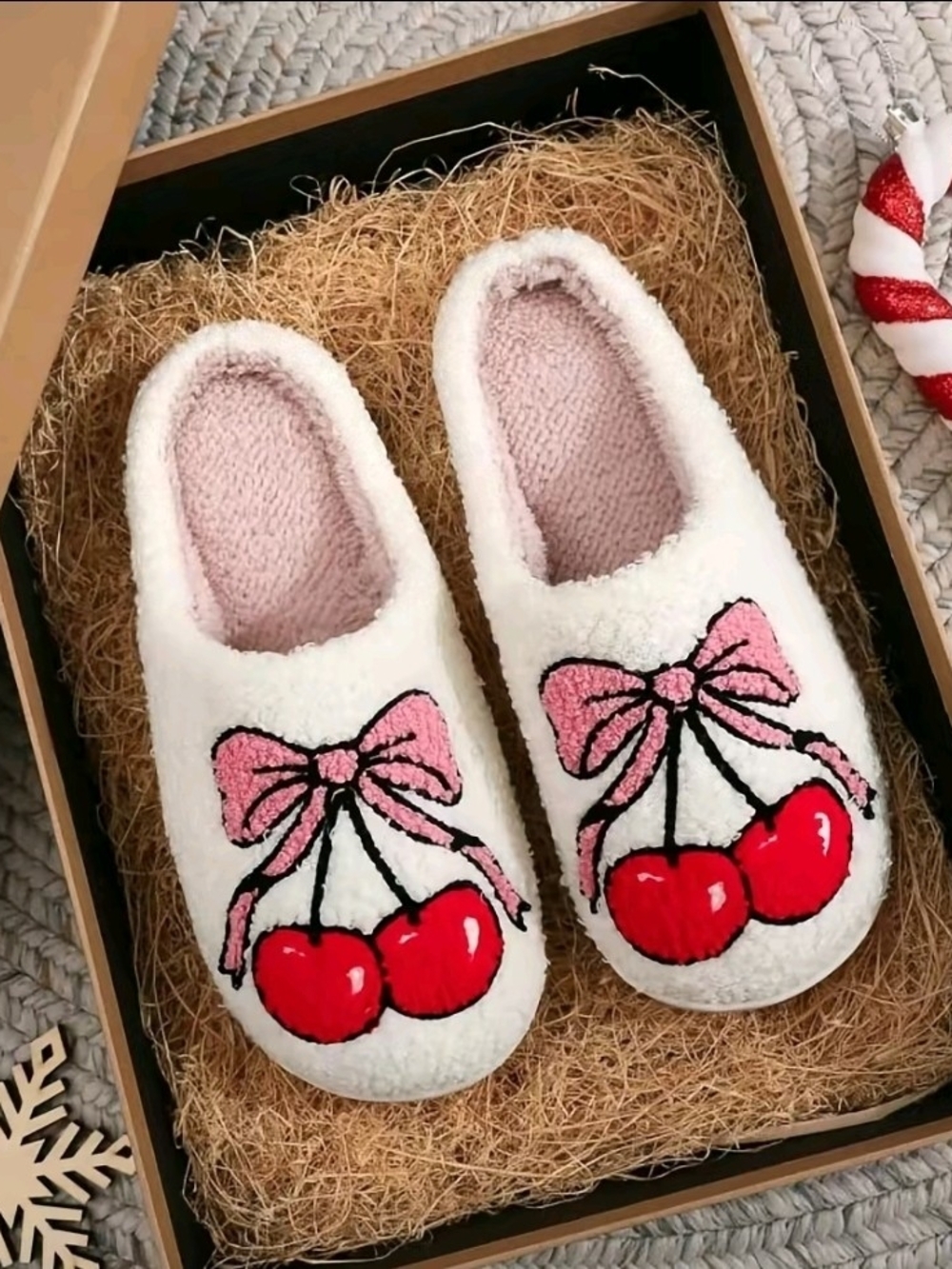 Cozy White Womens Cherry Bow Slippers